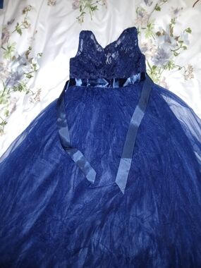 Allure Navy Lace and Tulle Ribbon Sash Girls Dress